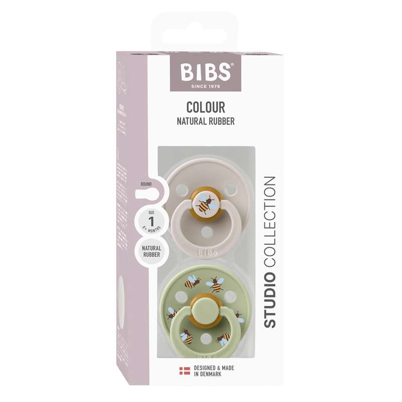 BIBS Round Colour Pacifier - 2-Pack - Size 1 - Natural Rubber - Bumblebee Studio - Mushroom Mix