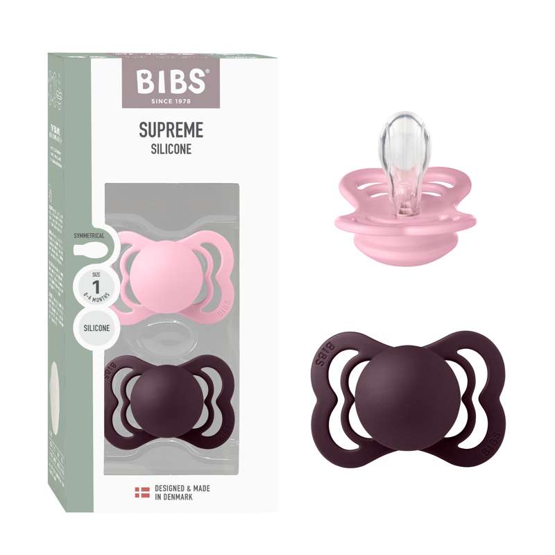 BIBS Chupete Symmetric Supreme - paquete de 2 - t. 1 - silicona - rosa bebé/ciruela 