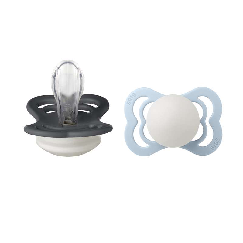 BIBS Chupete Symmetric Supreme - Pack de 2 - t. 1 - Silicona - GLOW - Iron/Baby Blue 