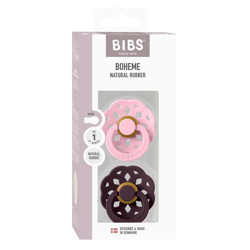 BIBS Ciuccio Boho rotondo - 2 pezzi - tg. 1 - gomma naturale - Rosa baby/Prugna 
