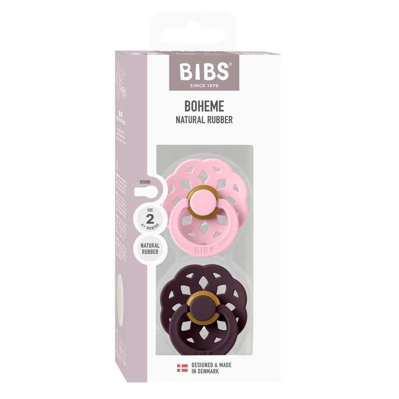 BIBS Ciuccio Boheme rotondo - confezione da 2 - tg. 2 - gomma naturale - Rosa baby/Prugna 