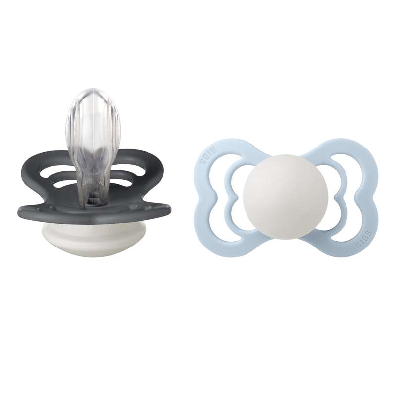BIBS Chupete Supreme simétrico - paquete de 2 - t. 2 - Silicona - GLOW - Iron/Baby Blue 