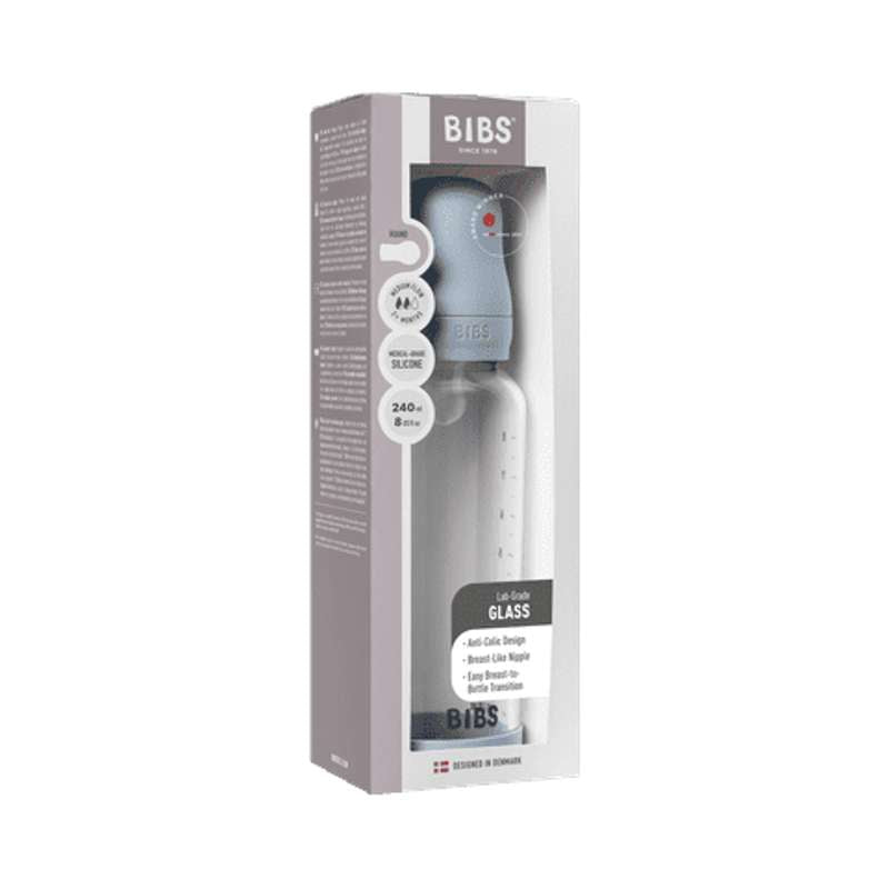 BIBS Bottle - Sutteflaskesæt - Glas - Silikone/Medium Flow/Rund - 240 ml. - Baby Blue