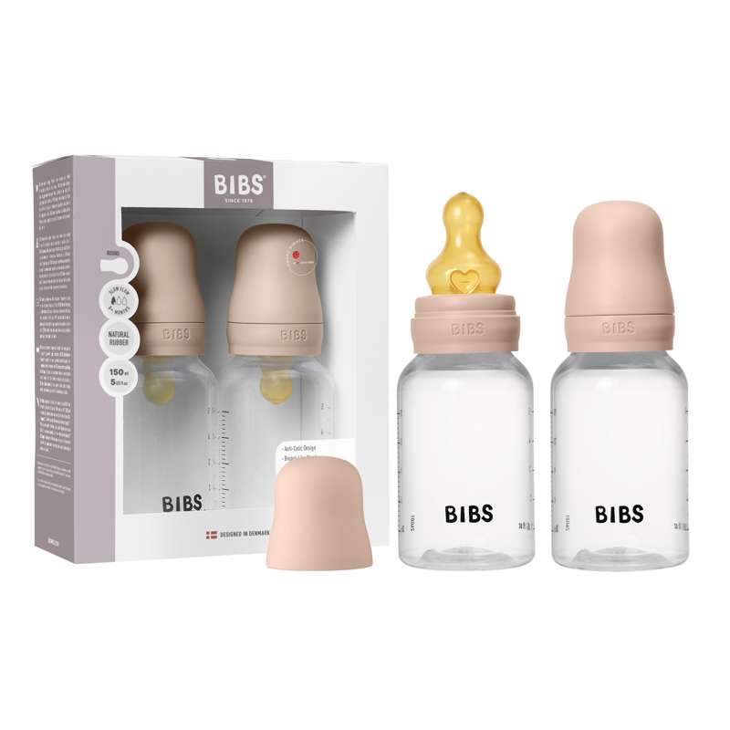 BIBS Biberon - Set de biberons - Plastique - lot de 2 - caoutchouc naturel/Débit lent/ Rond - 150 ml - Blush 