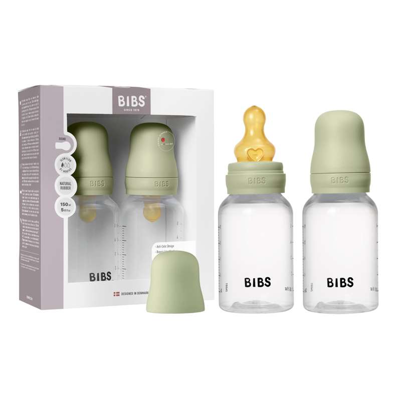 BIBS Biberon - Ensemble de biberons - Plastique - lot de 2 - caoutchouc naturel/Débit lent/Rond - 150 ml - Sauge 
