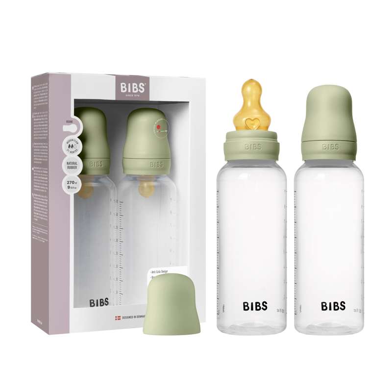 BIBS Bouteille - Set de biberons - Plastique - lot de 2 - caoutchouc naturel/Débit moyen/Rond - 270 ml - Sauge 