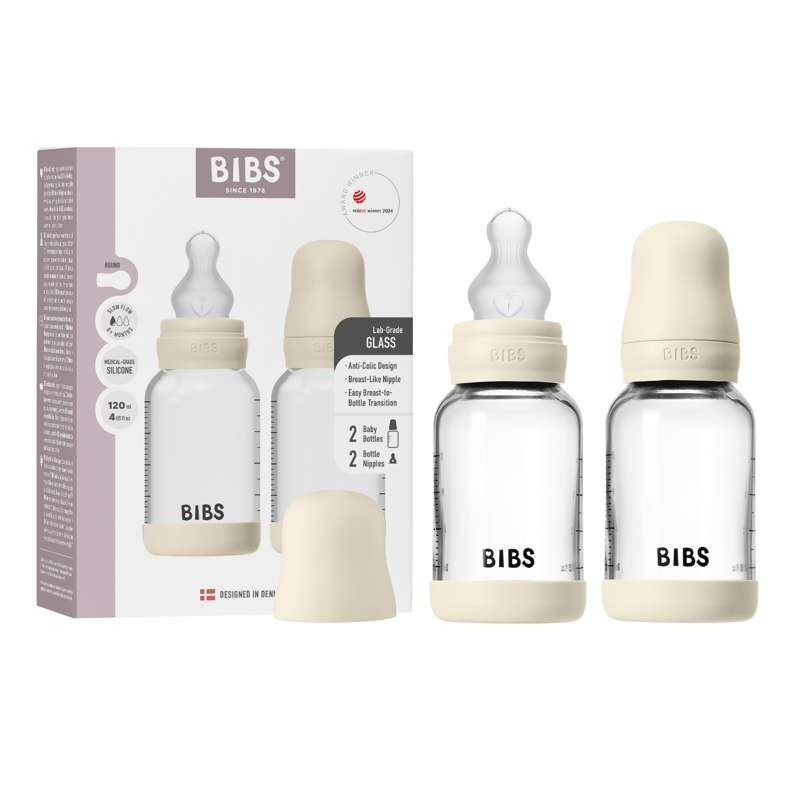 BIBS Bouteille - Ensemble de biberons - Verre - Lot de 2 - Silicone/Débit lent/Rond - 120 ml - Ivoire 