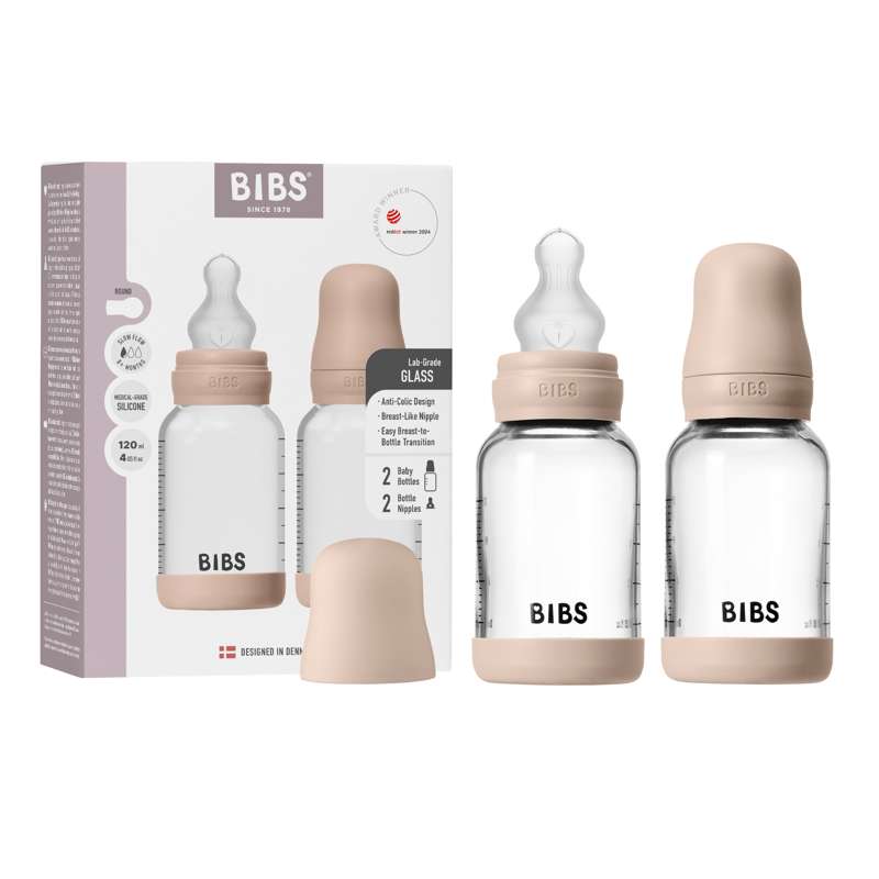 BIBS Bouteille - Coffret de biberons - Verre - lot de 2 - Silicone/Slow Flow/Rond - 120 ml - Blush 