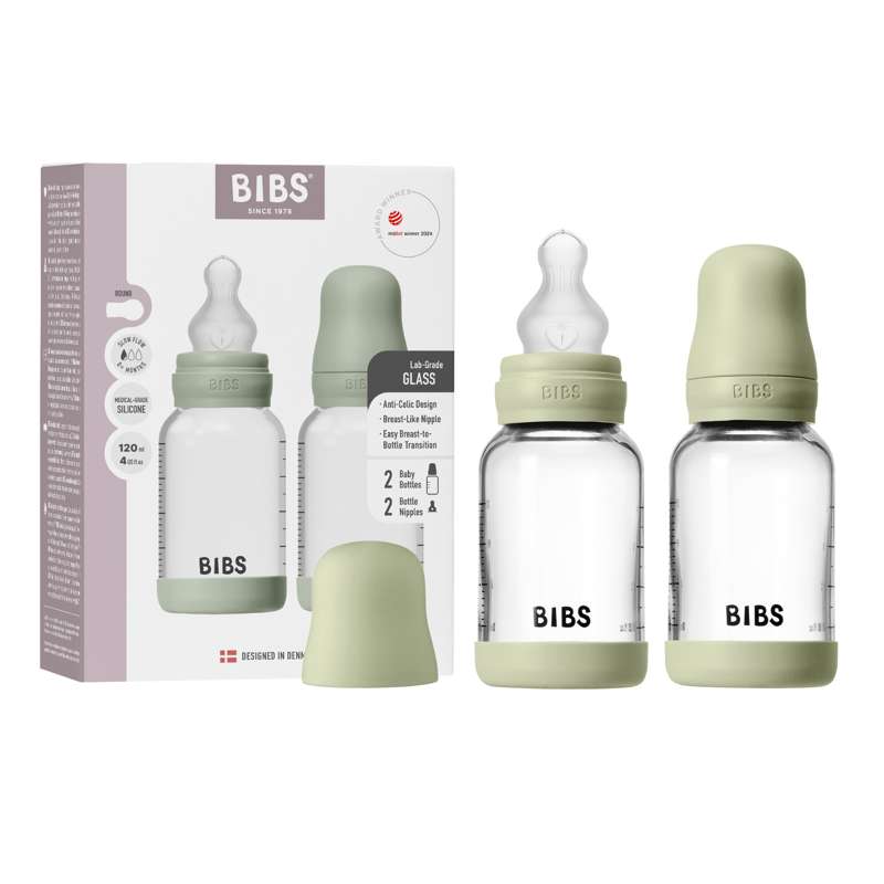 BIBS Bouteille - Ensemble de biberons - Verre - Lot de 2 - Silicone/Slow Flow/Rond - 120 ml - Sauge 