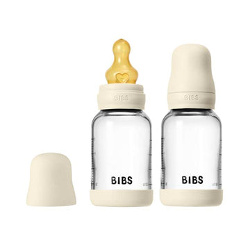 BIBS Бутилка - Комплект шишета за хранене с биберон - Стъкло - 2 броя - естествен каучук/Бавен поток/Кръгъл - 120 ml - Ivory 