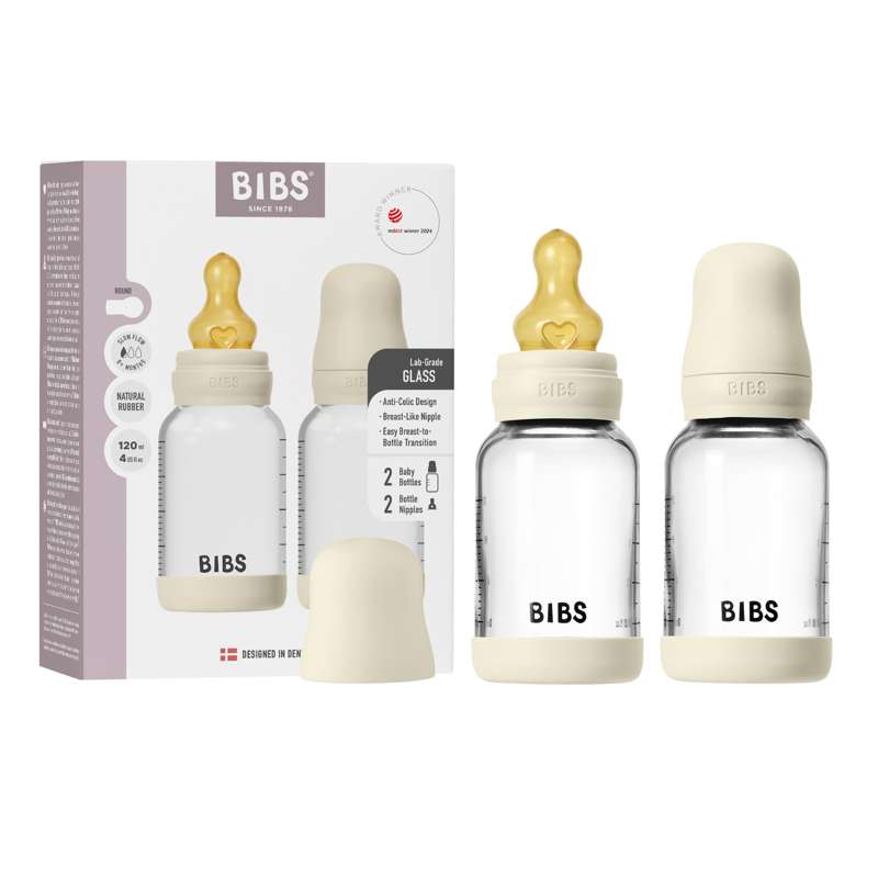 BIBS Bouteille - Coffret de biberons - Verre - lot de 2 - caoutchouc naturel/Débit lent/Rond - 120 ml - Ivoire 