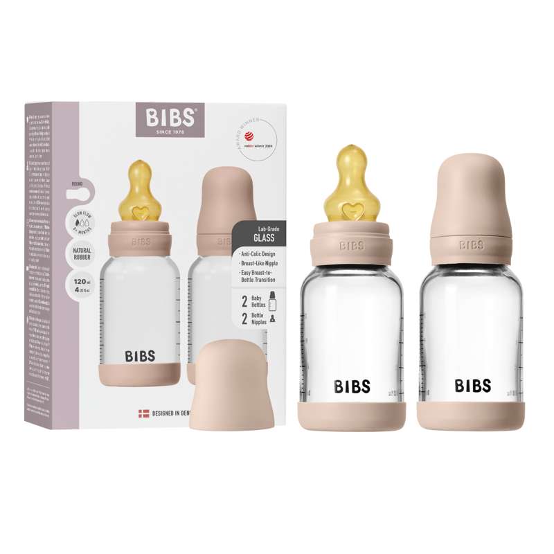 BIBS Bouteille - Ensemble de biberons - Verre - Lot de 2 - caoutchouc naturel/Débit lent/Rond - 120 ml - Blush 