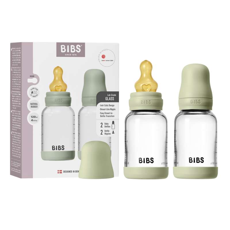 BIBS Bouteille - Coffret de biberons - Verre - lot de 2 - caoutchouc naturel/Débit lent/Rond - 120 ml - Sauge 