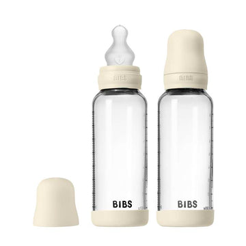 BIBS Láhev - sada kojeneckých lahví - sklo - 2balení - silikon/pomalý průtok/kulatý - 240ml - slonová kost 