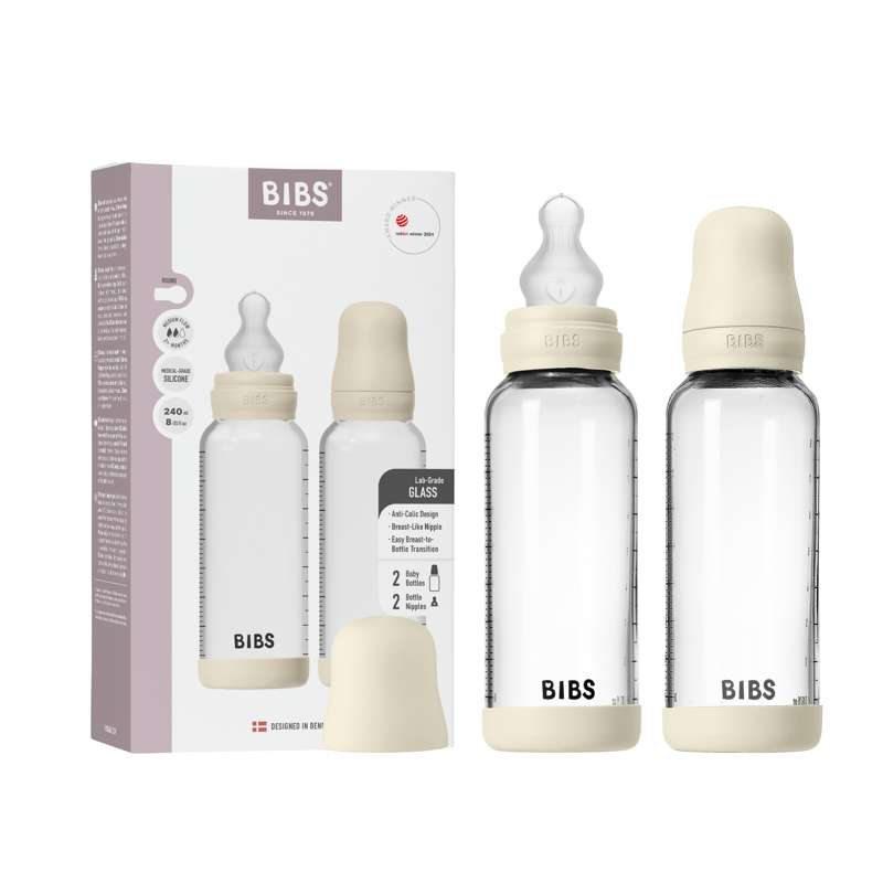 BIBS Bouteille - Ensemble de biberons - Verre - lot de 2 - Silicone/débit lent/rond - 240ml - Ivoire 