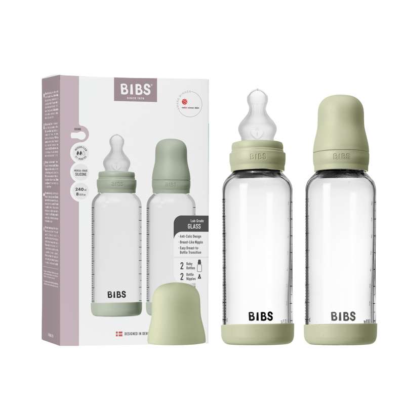 BIBS Bouteille - Set de biberons - Verre - lot de 2 - Silicone/Débit lent/Rond - 240 ml - Sauge 