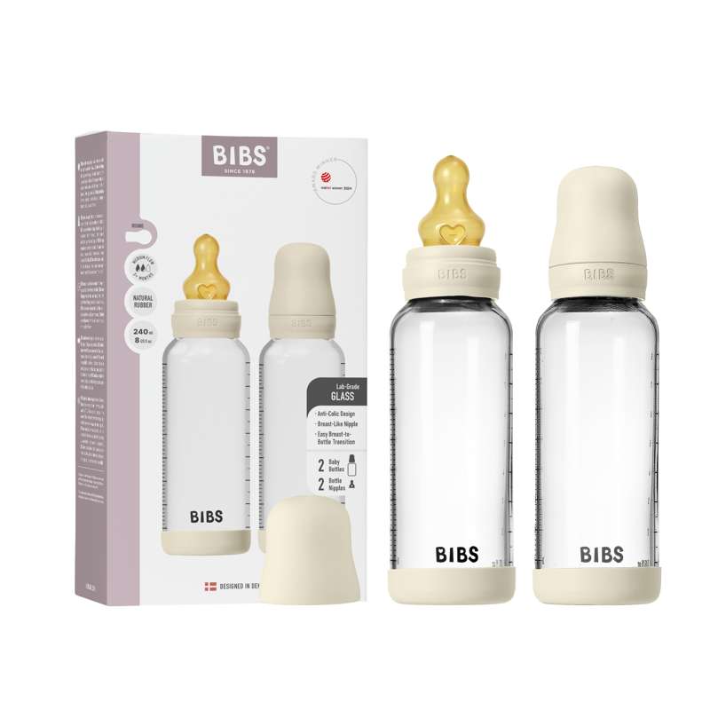 BIBS Bouteille - Ensemble de biberons - Verre - lot de 2 - caoutchouc naturel/Débit lent/Rond - 240 ml - Ivoire 
