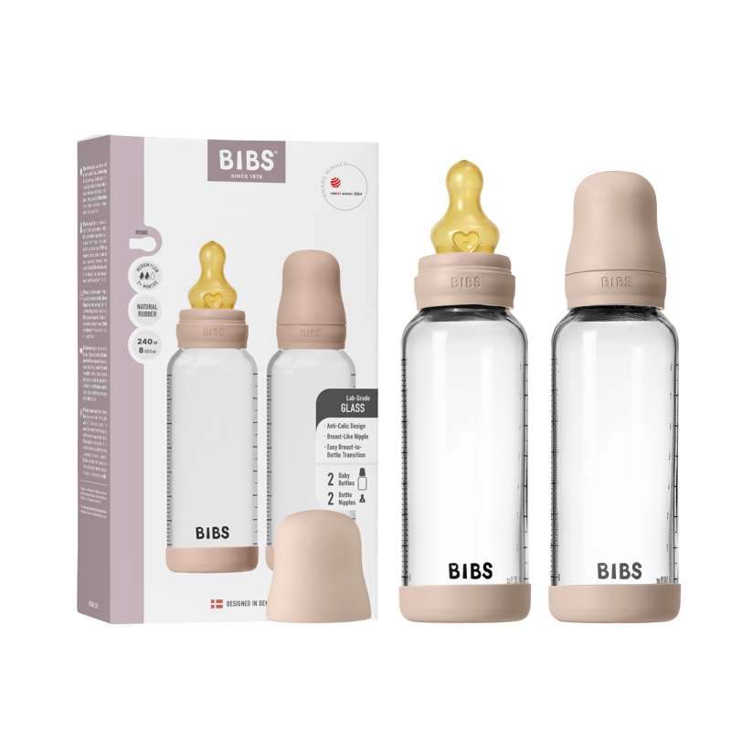 BIBS Bouteille - Coffret de biberons - Verre - lot de 2 - caoutchouc naturel/Débit lent/ronde - 240 ml - Blush 