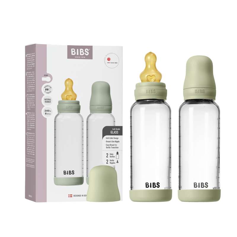 BIBS Biberon - lot de biberons - verre - lot de 2 - caoutchouc naturel/Slow Flow/Rond - 240ml - Sage 