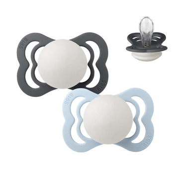 BIBS Chupete Symmetric Supreme - Pack de 2 - t. 1 - Silicona - GLOW - Iron/Baby Blue 