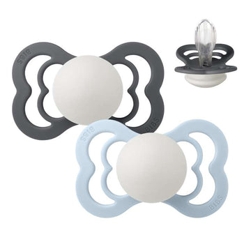 BIBS Tétine Symmetric Supreme - Lot de 2 - t. 2 - Silicone - GLOW - Iron/Baby Blue 