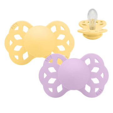 BIBS symetryczny smoczek Infinity - 2-Pak - Rozm. 1 - Silikone - Pale Butter/Violet Sky