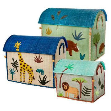 RICE Raffia Storage Houses - Jungle Animals - Green/Blue - 3 pcs.