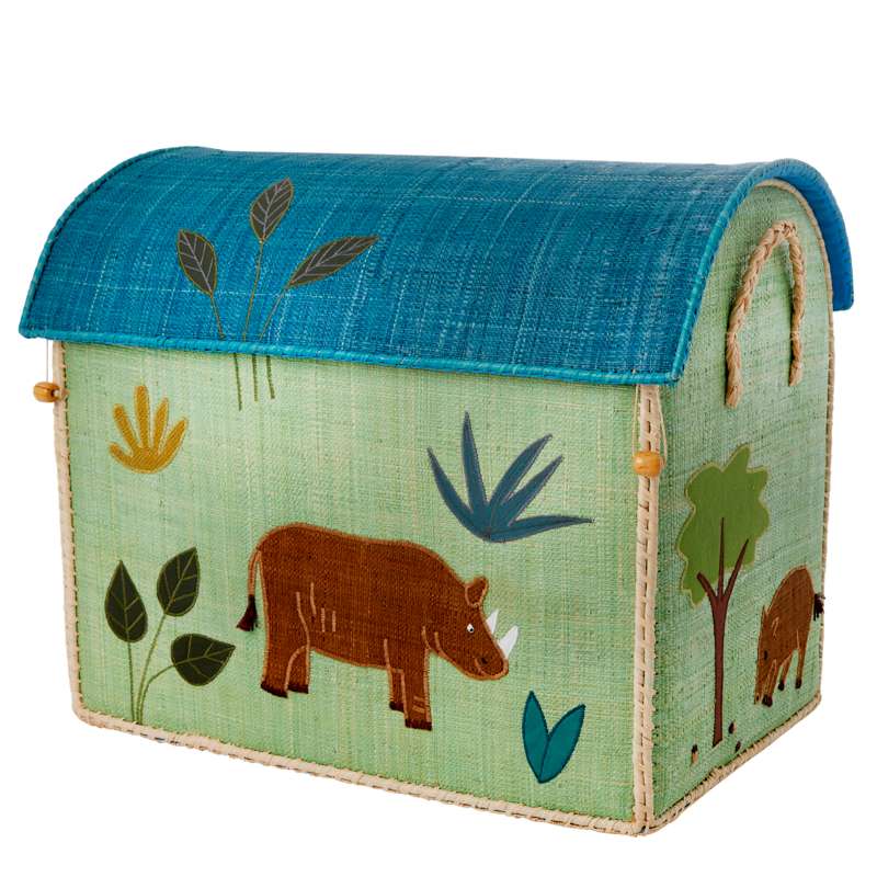 RICE Raffia Storage Houses - Jungle Animals - Green/Blue - 3 pcs.