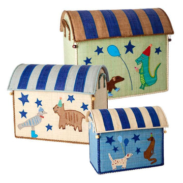 RICE Raffia Storage Houses - Party Animal - Green/Blue - 3 pcs.