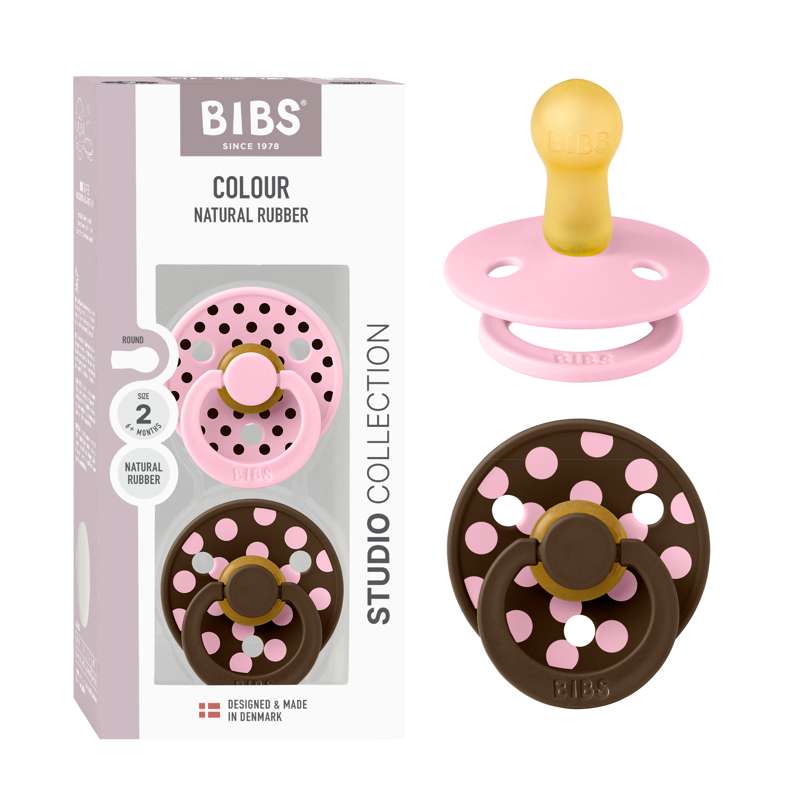 BIBS Ciuccio rotondo Rund Colour - confezione da 2 - tg. 2 - gomma naturale - Polka Studio - Rosa baby/Mocha 