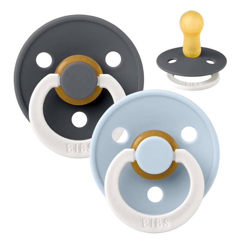 Bibs Кръгъл Colour Биберон - 2-Пак - р-р 2 - естествен каучук - GLOW - Желязо/Бебешко синьо 