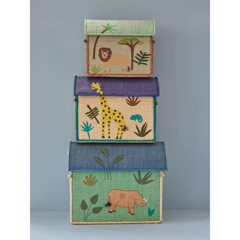 RICE Raffia Storage House - Jungle Animals - Blue - Medium