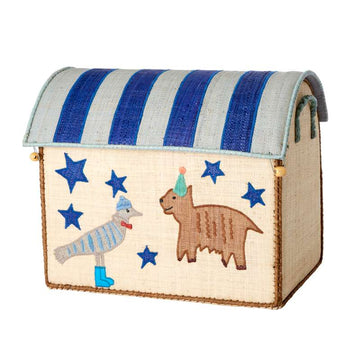 RICE Maison de rangement en raphia - Party Animal - Bleu - Moyen