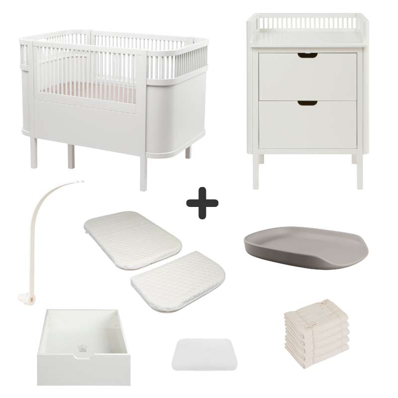 Sebra The Bed and Changing Table with Accessories - Classic White - Deluxe Bundle 1 