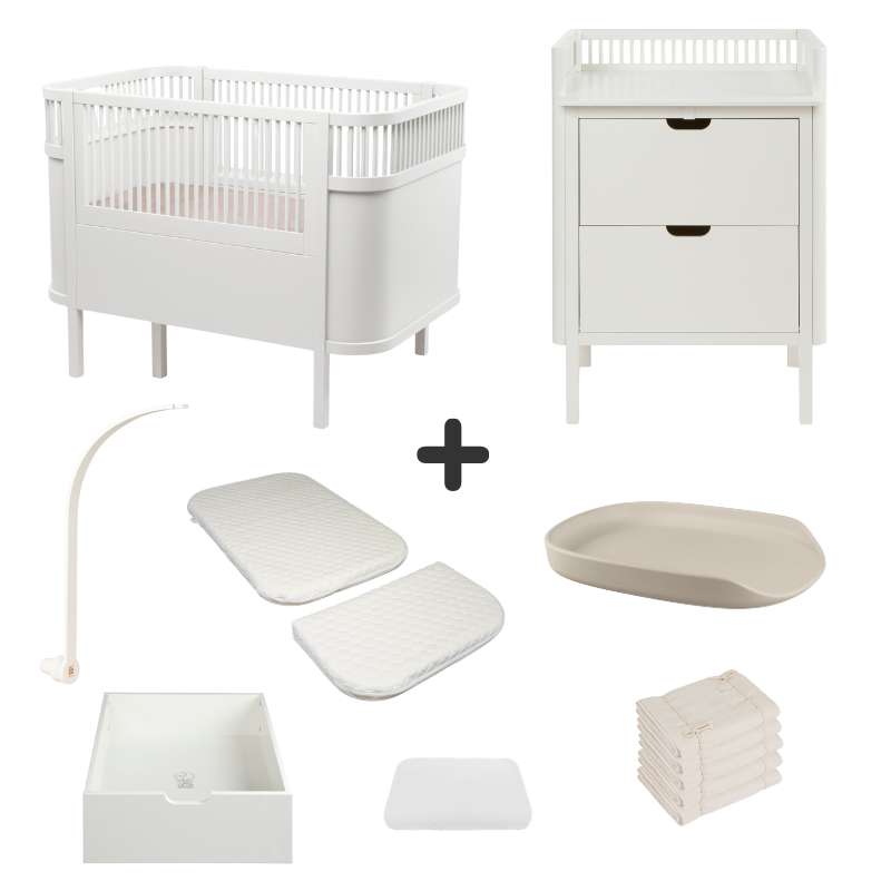 Sebra The Bed and Changing Table with Accessories - Classic White - Deluxe Bundle 2 