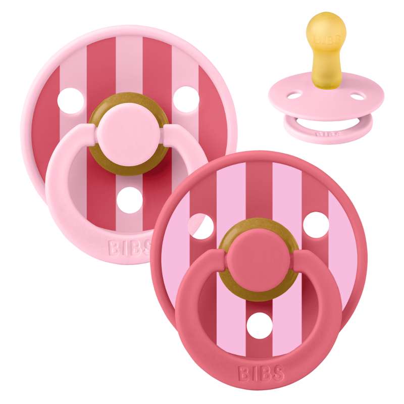 Bibs Кръгъл Colour Биберон - 2-пак - р-р 2 - естествен каучук - Студио - Блок - Бебешко розово/Коралова смес 