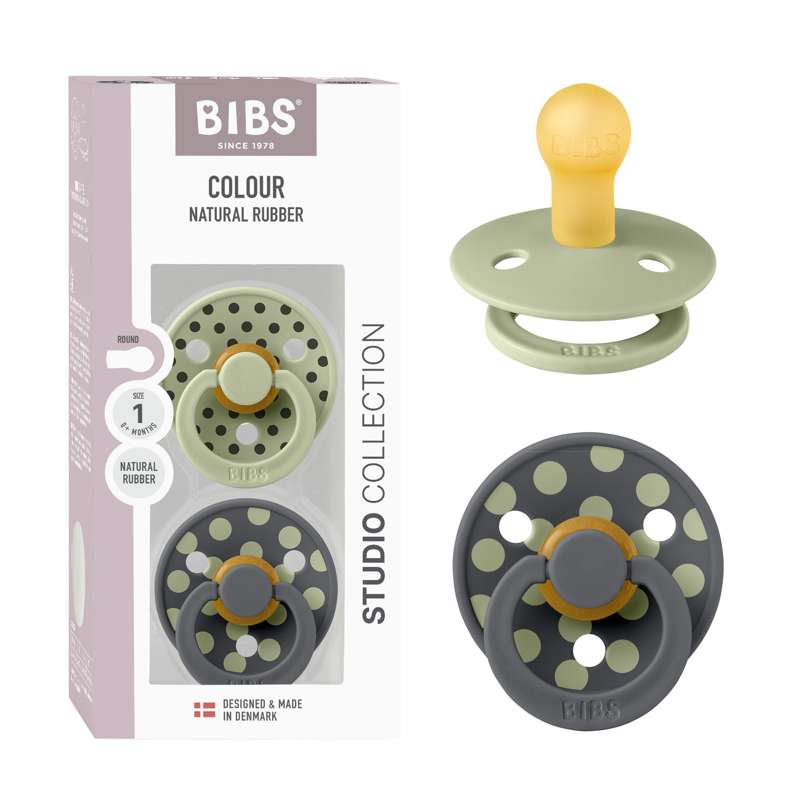 BIBS Chupete redondo Colour - Paquete de 2 - t. 1 - caucho natural - Polka Studio - Salvia/Hierro 