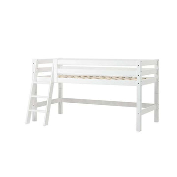 Hoppekids ECO Luxury - Lit mi-hauteur - 90x200 cm. - Échelle inclinée - Fond de lit flexible - Blanc