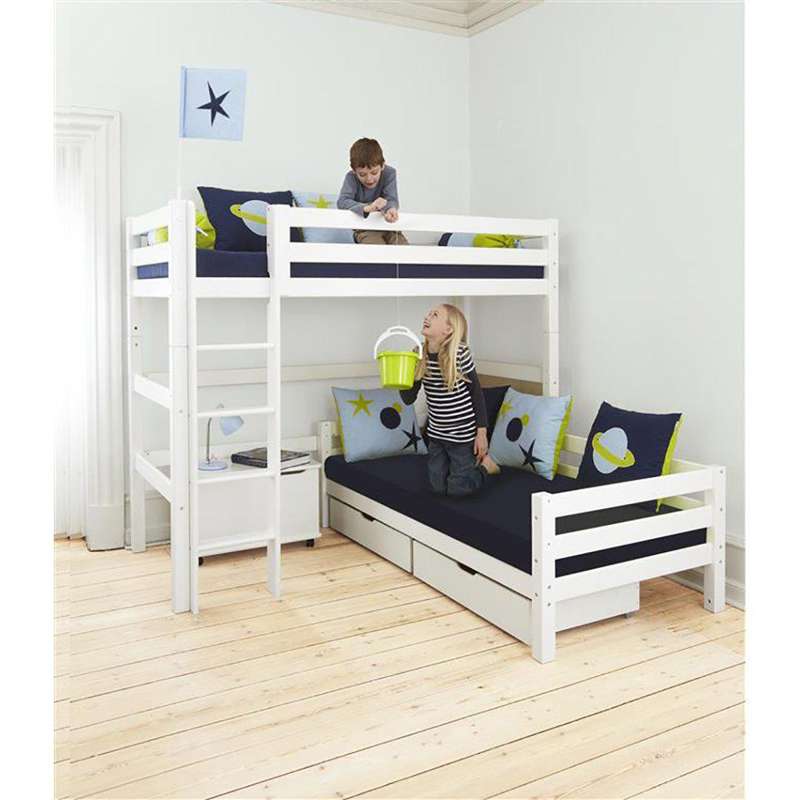 Hoppekids ECO Luxury - Etagenbett - 90x200 cm. - Eckkombination - Gerade Leiter - Flexibler Lattenrost - Weiß